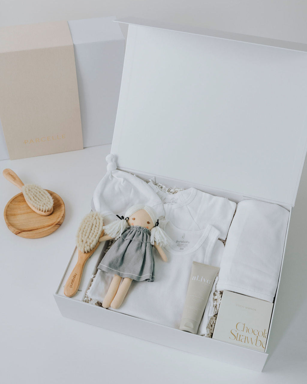 Newborn Baby Girl Bundle Hamper by Parcelle – luxury hamper with signature presentation, gourmet inclusions — baby gifts, new mum hampers, Australia‑wide delivery