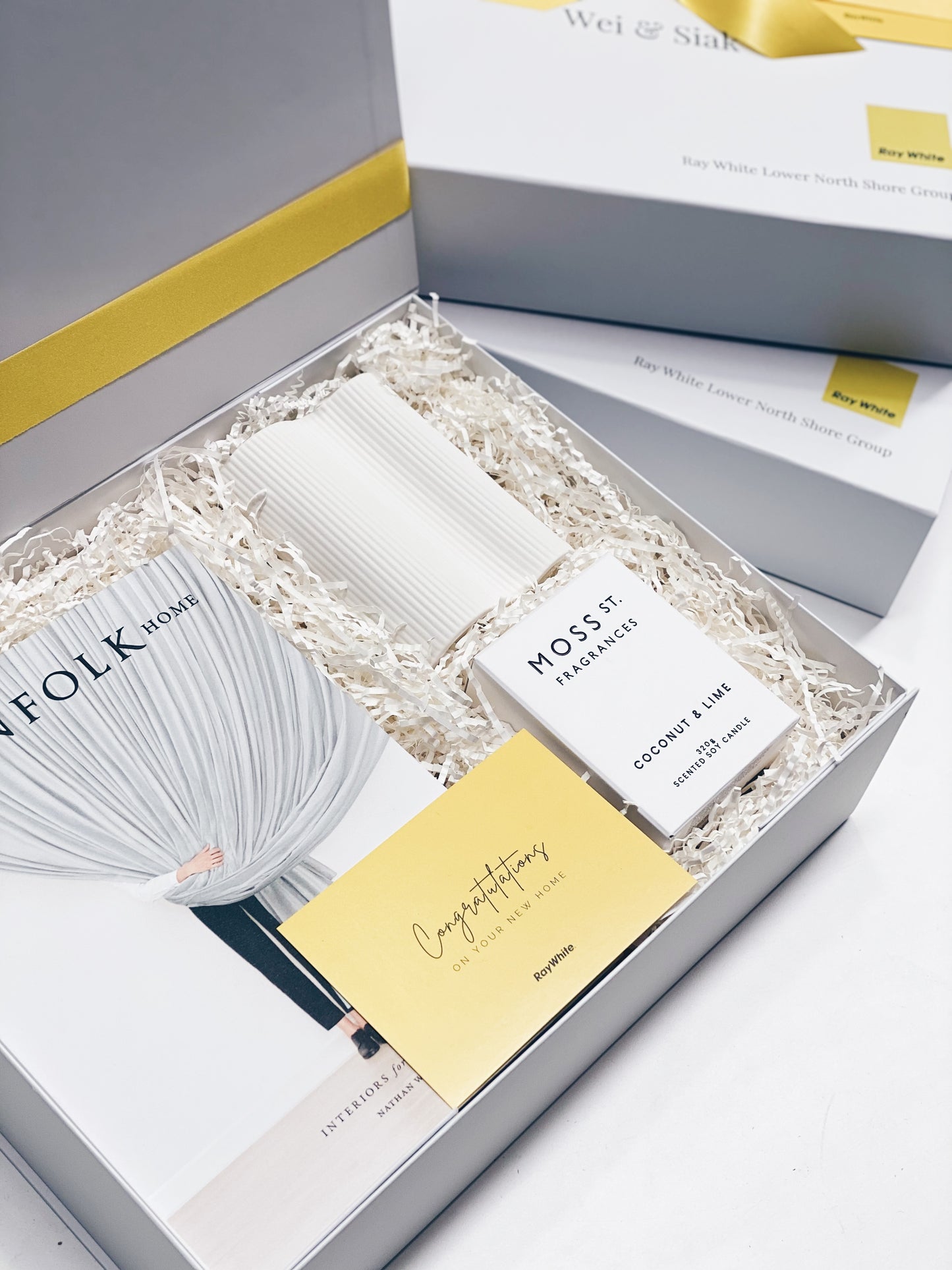 Parcelle - Ray White branded Settlement GIfts presented open with branded logo and personalised gift boxes