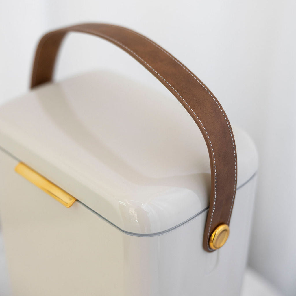 Parcelle | Close-up of the Ivory Kewlr cooler with premium PU leather shoulder strap and gold hardware, designed for luxury corporate gifting and picnics
