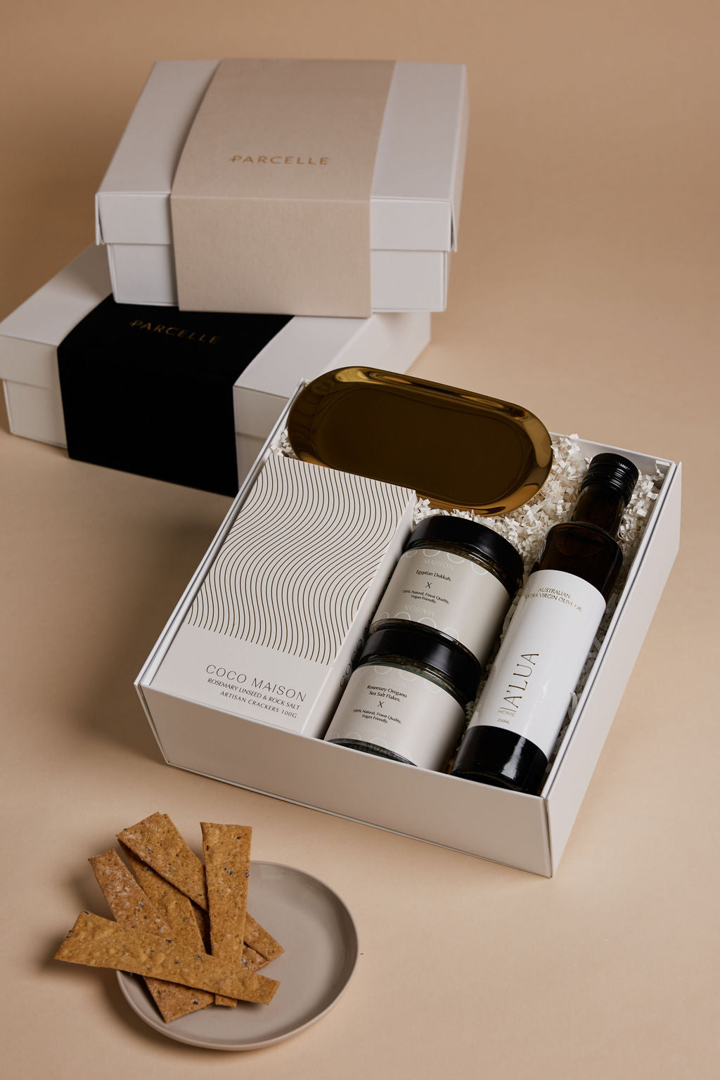 Parcelle | Savoury gourmet hamper with gold tray for client or car handover gifts