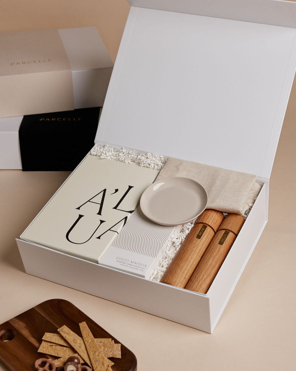 Parcelle | A’Lua Grandeur settlement gift hamper with champagne flutes, luxury homewares, artisan crackers, and linen tea towel in Parcelle XL gift box — perfect real estate or housewarming gift Sydney