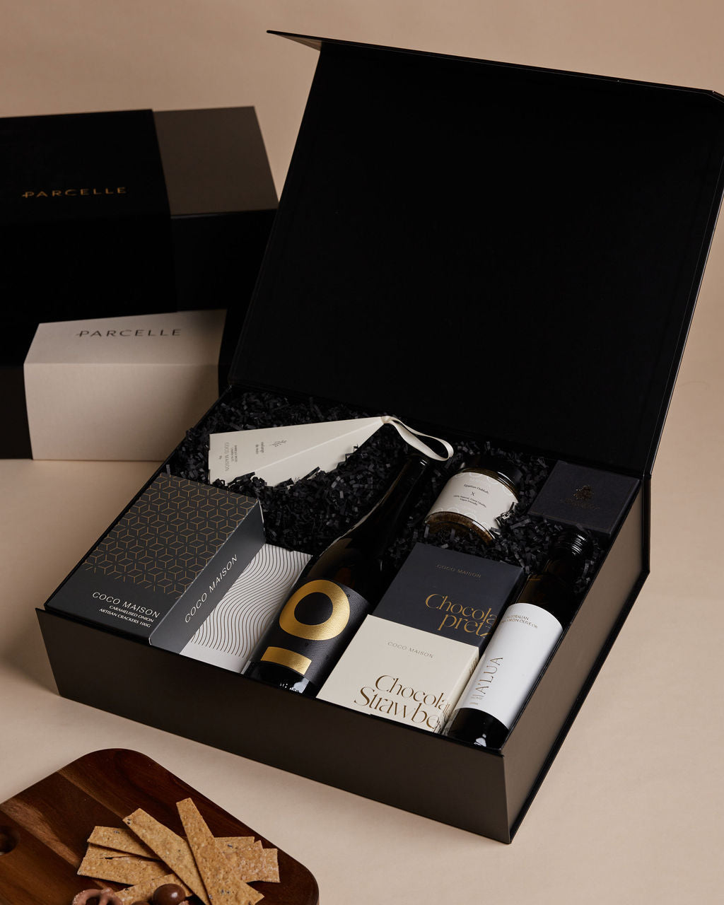 Parcelle | Gourmet Traveller | Gourmet Traveller hamper with prosecco, snacks, olive oil and tapenade