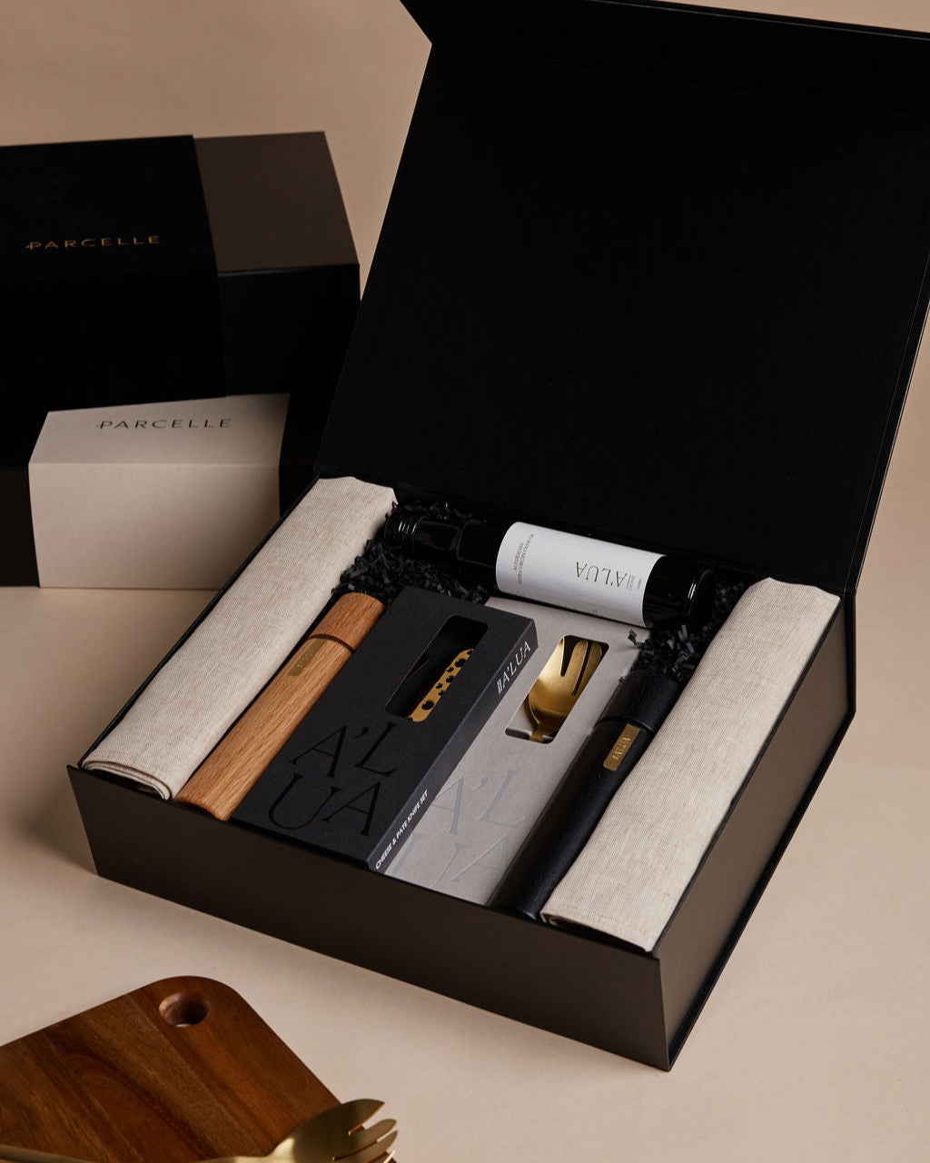 Parcelle | Ignition & Olive gift box with linen tea towels, olive oil, gold servers and grinders