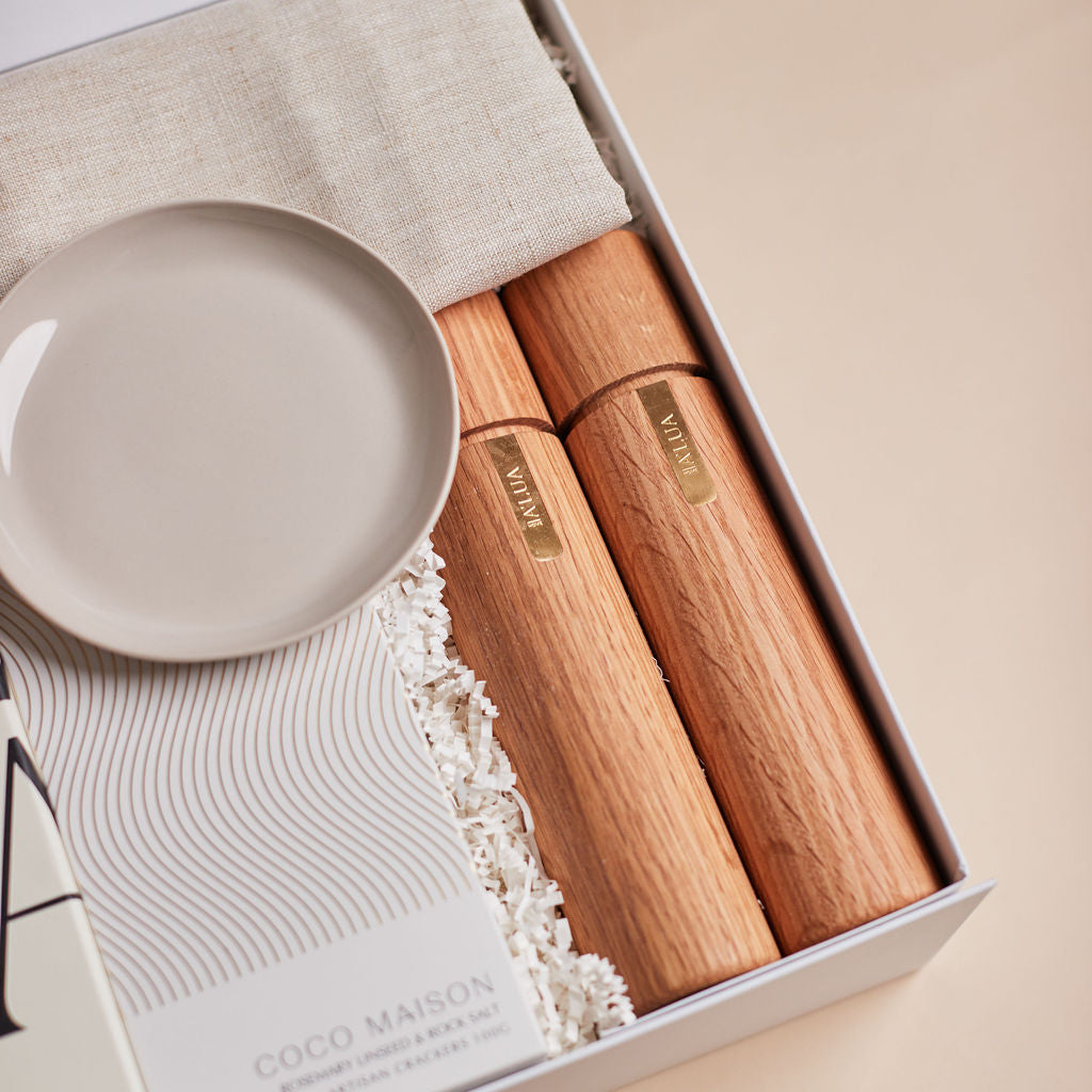 Parcelle | A’Lua Grandeur settlement gift hamper with champagne flutes, luxury homewares, artisan crackers, and linen tea towel in Parcelle XL gift box — perfect real estate or housewarming gift Sydney