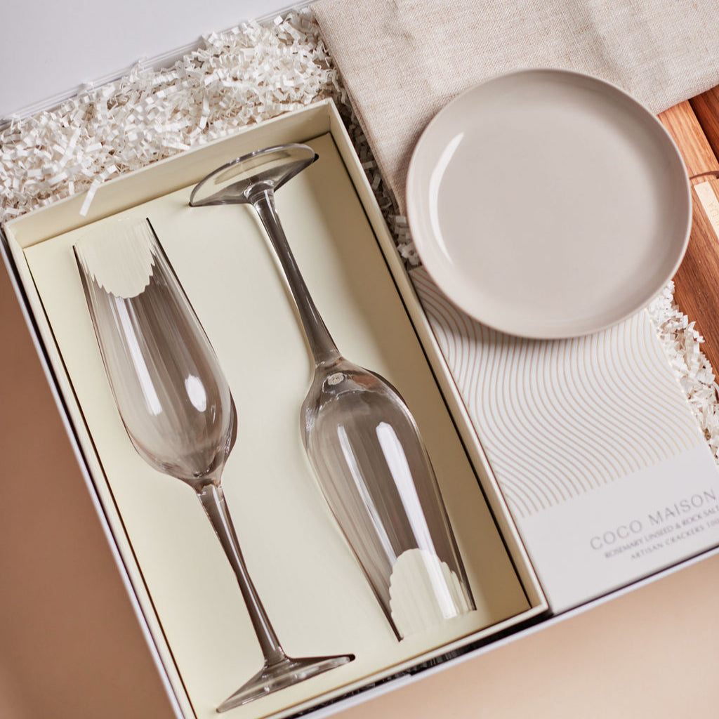 Parcelle | A’Lua Grandeur settlement gift hamper with champagne flutes, luxury homewares, artisan crackers, and linen tea towel in Parcelle XL gift box — perfect real estate or housewarming gift Sydney