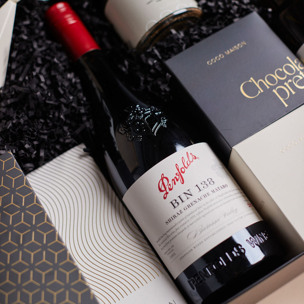Savoury Indulgence with Penfolds Bin 138 by Parcelle – luxury wine gift box with double‑door gift case, Belgian chocolate stars — Australia‑wide delivery