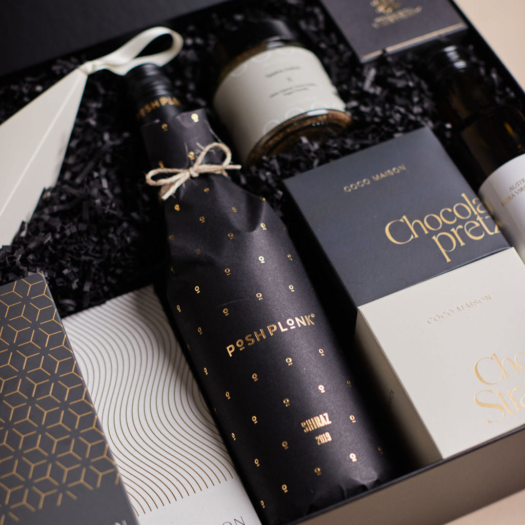 Savoury Indulgence with Posh Shiraz by Parcelle – luxury hamper with signature presentation, gourmet inclusions — Australia‑wide delivery