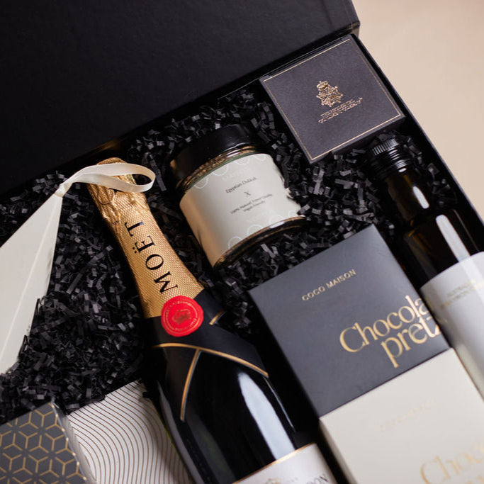 Savoury Indulgence with Moet by Parcelle – luxury wine gift box with double‑door gift case, Belgian chocolate stars — Australia‑wide delivery