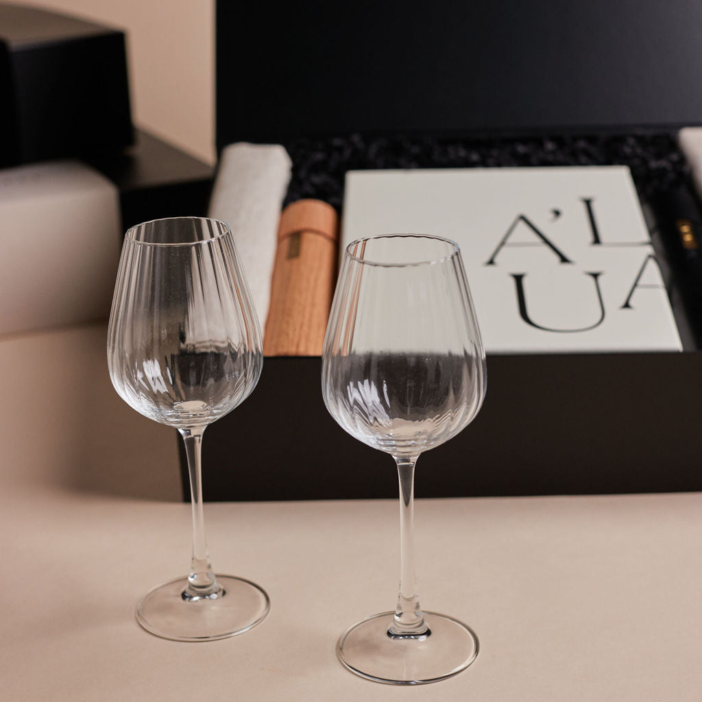 Parcelle | The Duplex XL settlement gift box with wine glass set, linen tea towels, and wooden salt & pepper grinder — premium housewarming hamper Sydney