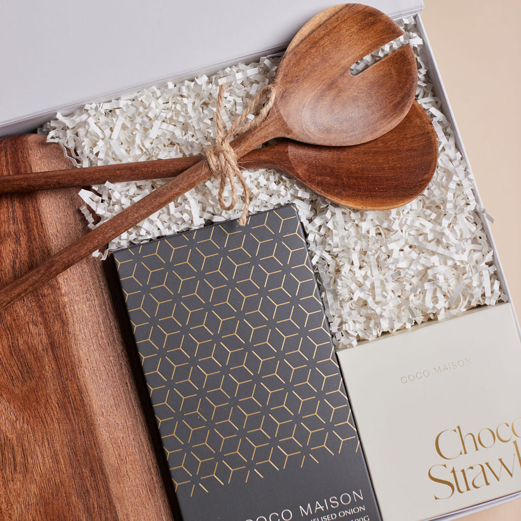 Parcelle | The Habitat settlement gift box with wooden board, artisan crackers, salad servers, and chocolate-dipped strawberries — luxury housewarming hamper Sydney