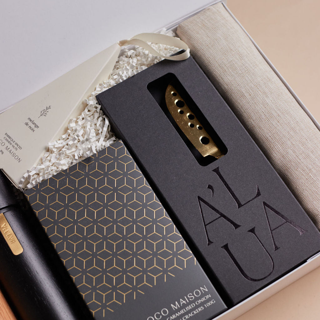 Parcelle | The Loft settlement hamper with Australian olive oil, artisan crackers, BBQ cashews, wooden grinder set, and luxury cheese knife set — corporate housewarming gift Sydney