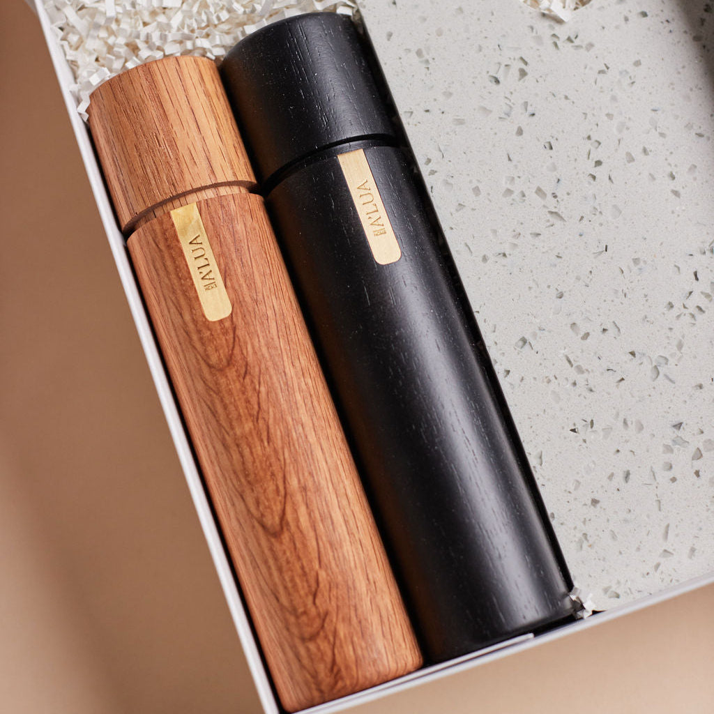 Parcelle | The Terrace luxury property settlement hamper with olive oil, terrazzo stone serving board, wooden grinders, and cheese knife set in Parcelle gift box