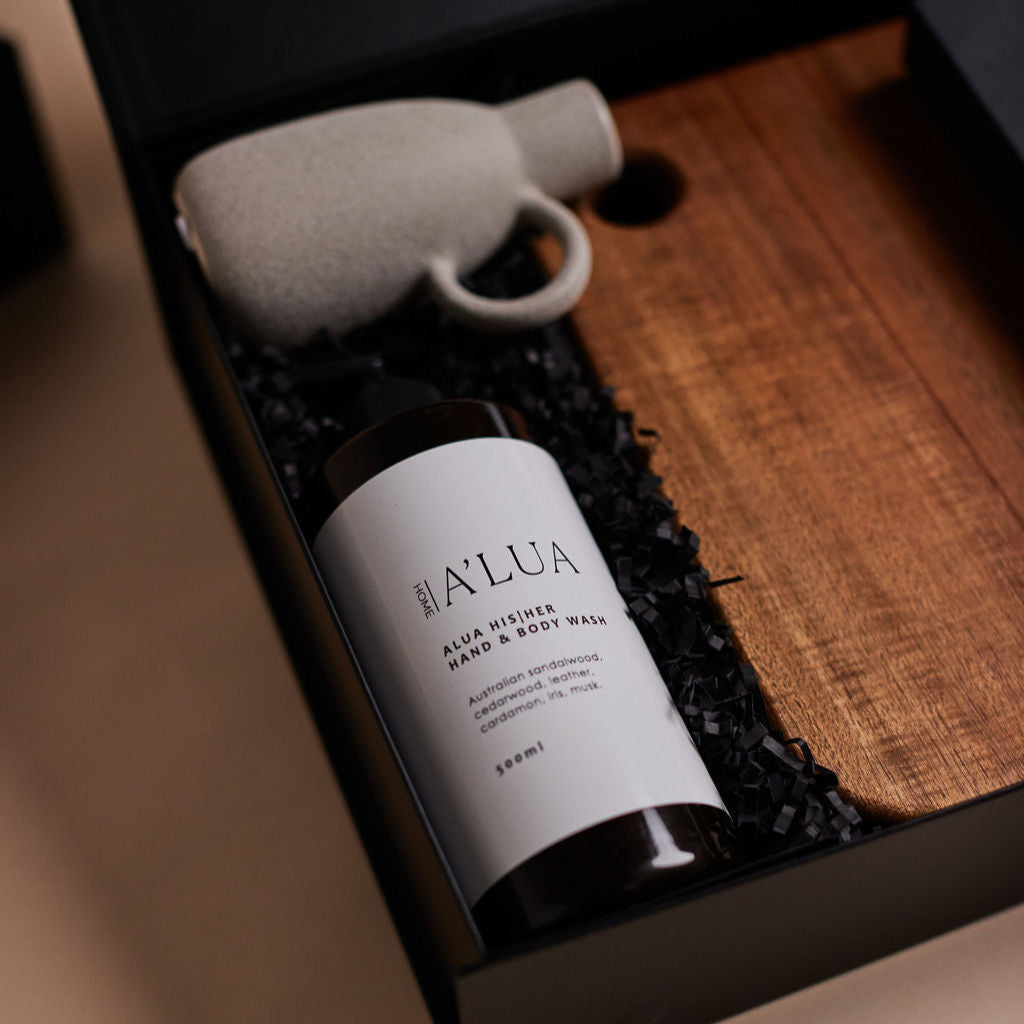 Parcelle | The Quinta luxury new home gift with hand & body wash, linen hand towel, cheese knife set, ceramic vase, and wooden board — property settlement hamper Sydney