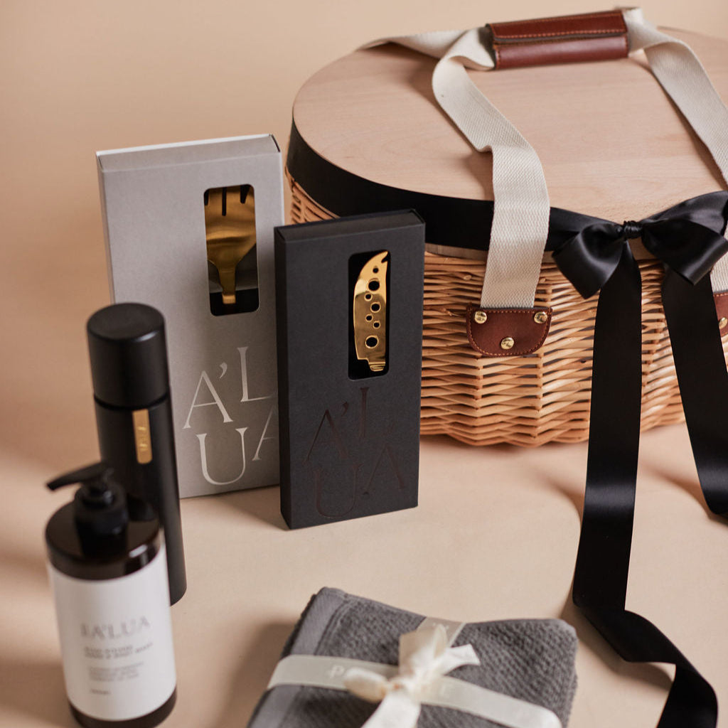 La Grande A’Lua Home Picnic Gift by Parcelle – luxury hamper with terrazzo board, wooden salt & pepper grinders — settlement gifts, Australia‑wide delivery