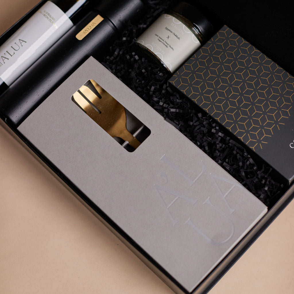Parcelle | A’Lua Home brushed gold salad servers – luxe entertaining gift in The Residence box