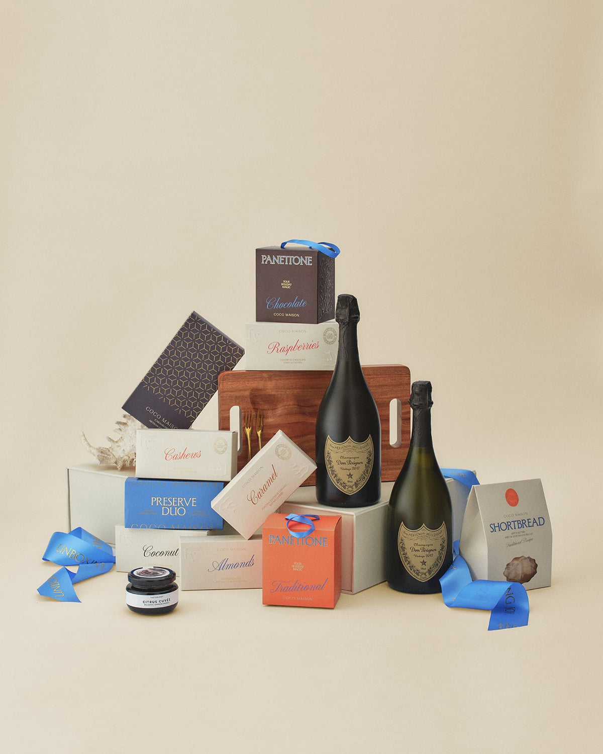 Parcelle luxury corporate Christmas hamper with Dom Pérignon, timber oyster board and Coco Maison gourmet