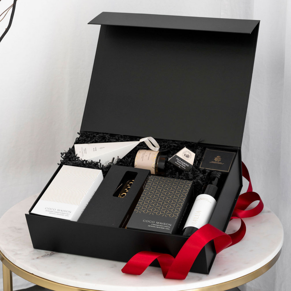 Parcelle | A Christmas Indulgence hamper with olive oil, gold cheese knives, crackers, dukkah and savoury treats in Parcelle Signature XL Gift Box