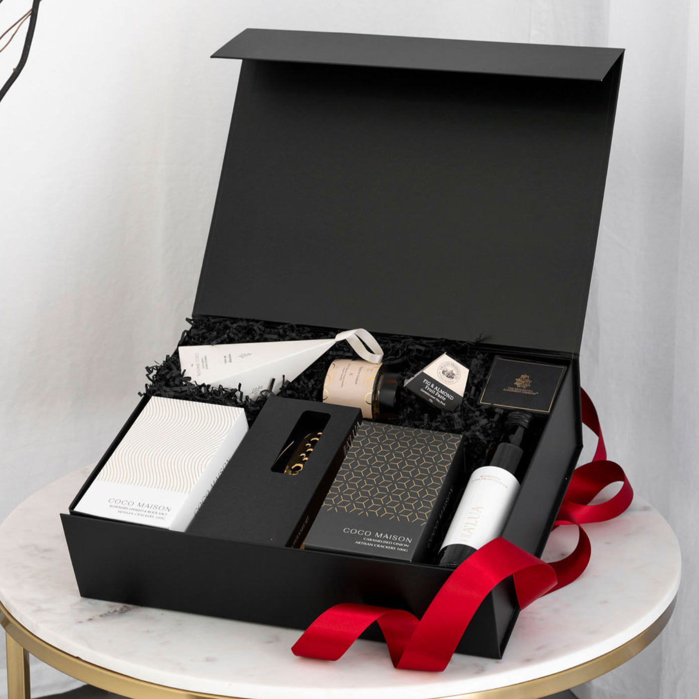 Parcelle | A Christmas Indulgence hamper with olive oil, gold cheese knives, crackers, dukkah and savoury treats in Parcelle Signature XL Gift Box