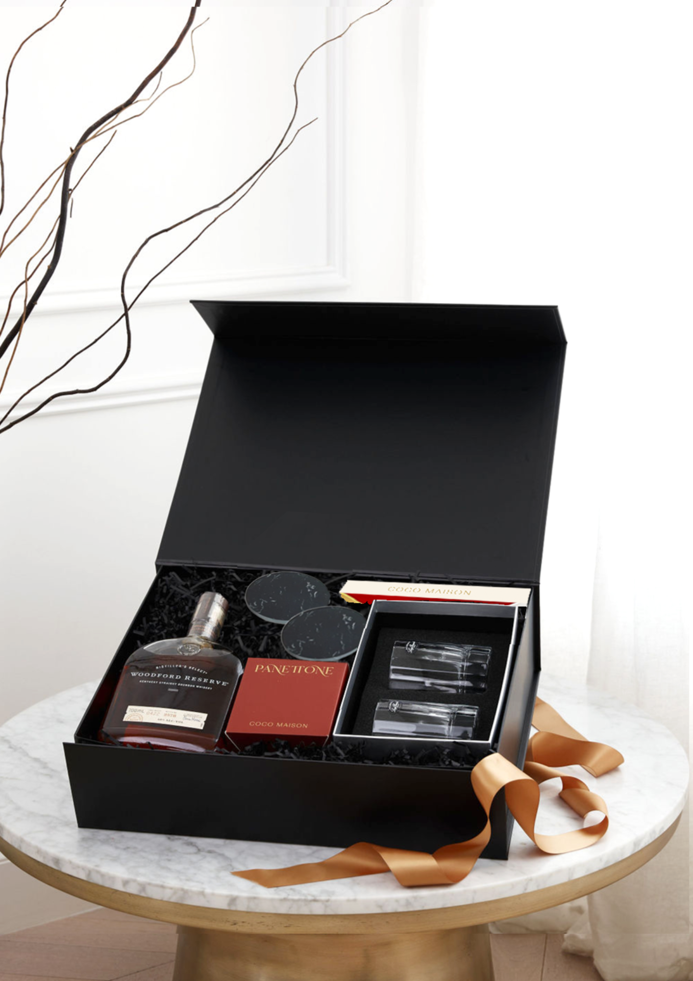 Parcelle | Corporate Bourbon Christmas Hamper with Woodford Reserve, tumblers, marble coasters, panettone and Dubai Biscoff Chocolate in Parcelle XL Gift Box with custom logo branding and ribbon