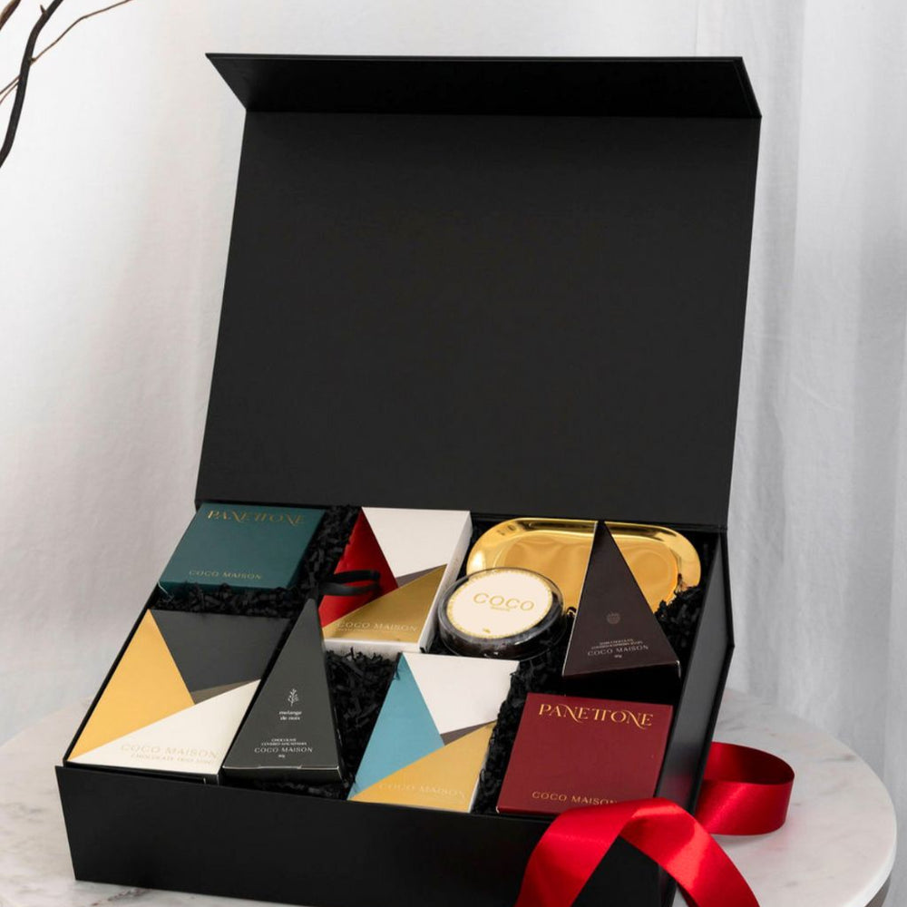 Parcelle | Team sharing Christmas gift box filled with Panettone, deluxe chocolates, macadamias and gold serving tray