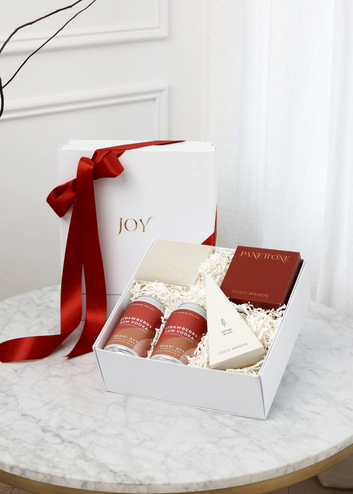 Parcelle | Be Festive gift box by Parcelle, featuring Penni Ave Strawberry Gum Vodka with Grapefruit & Soda, Traditional Panettone, Milk Chocolate Pretzels, and BBQ Spice Cashew Nuts, beautifully packaged in a White or Black Luxury Giftbox with designer packaging and swing tag