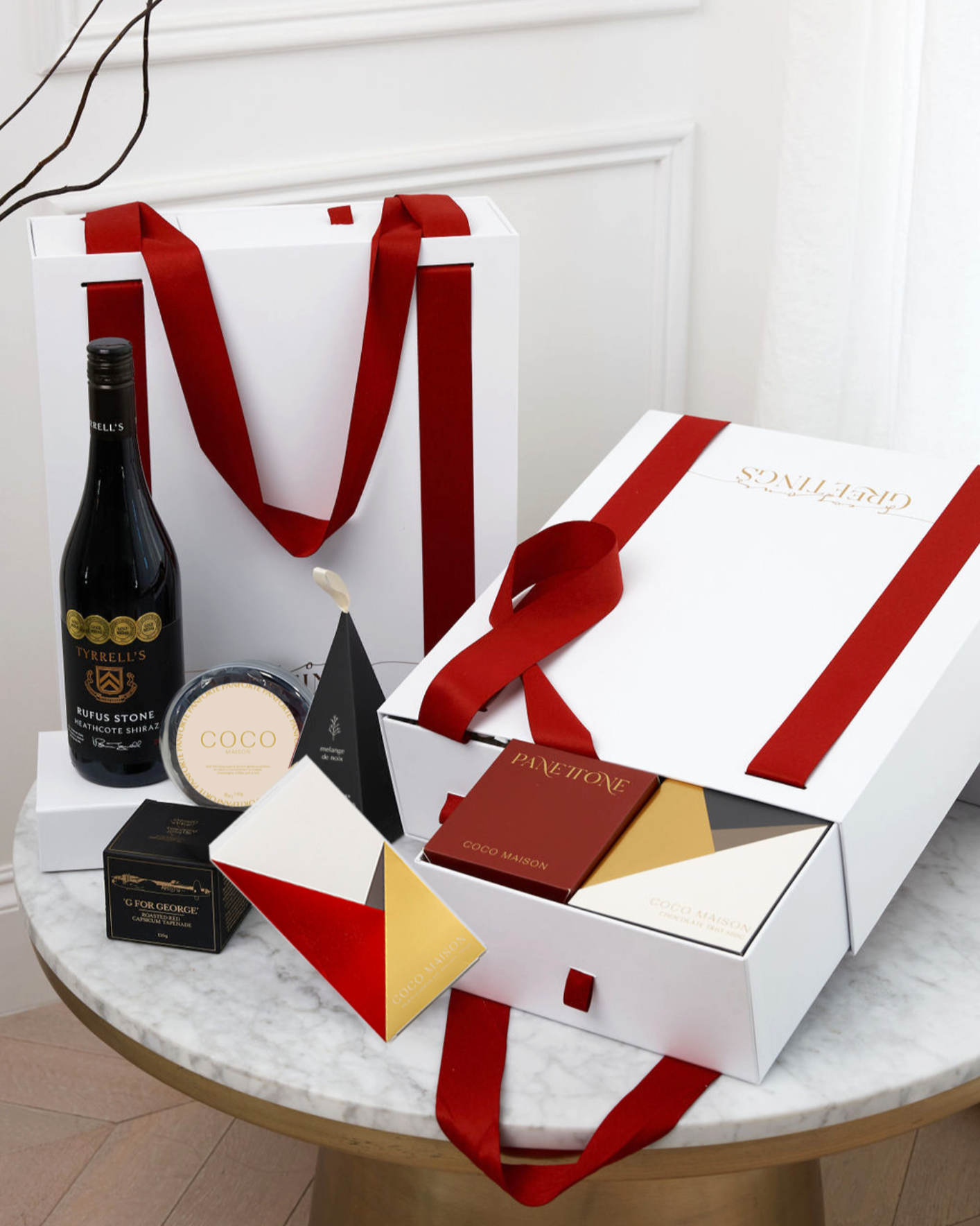 Parcelle | Classic Christmas Carryall hamper with Shiraz, Panettone, Biscoff chocolate & festive gourmet treats in a luxury drawer-style gift box with ribbon handles