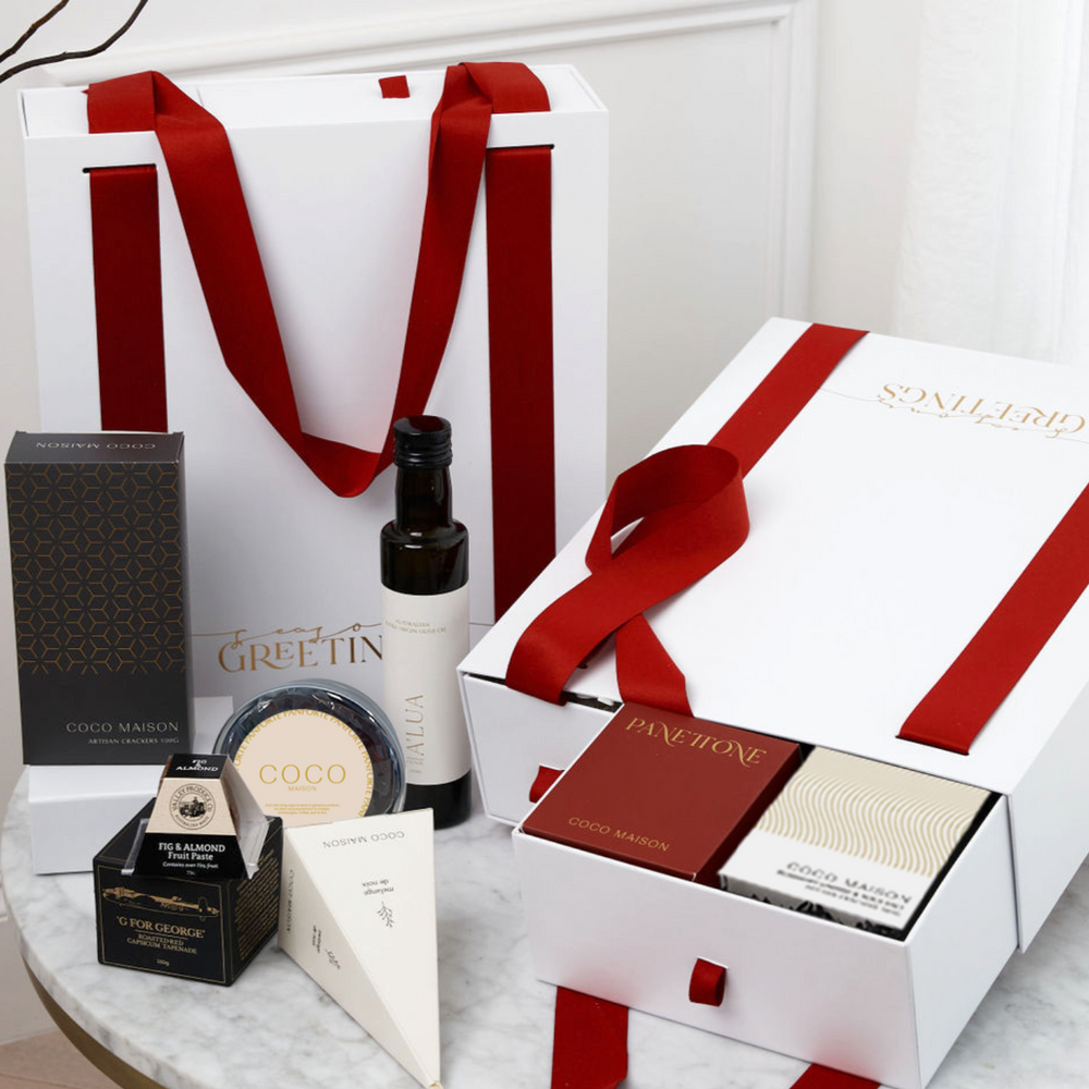 Parcelle | Christmas Day Carryall hamper with Panettone, savoury crackers, olive oil, cashews & festive treats in a luxury drawer-style gift box with ribbon handles