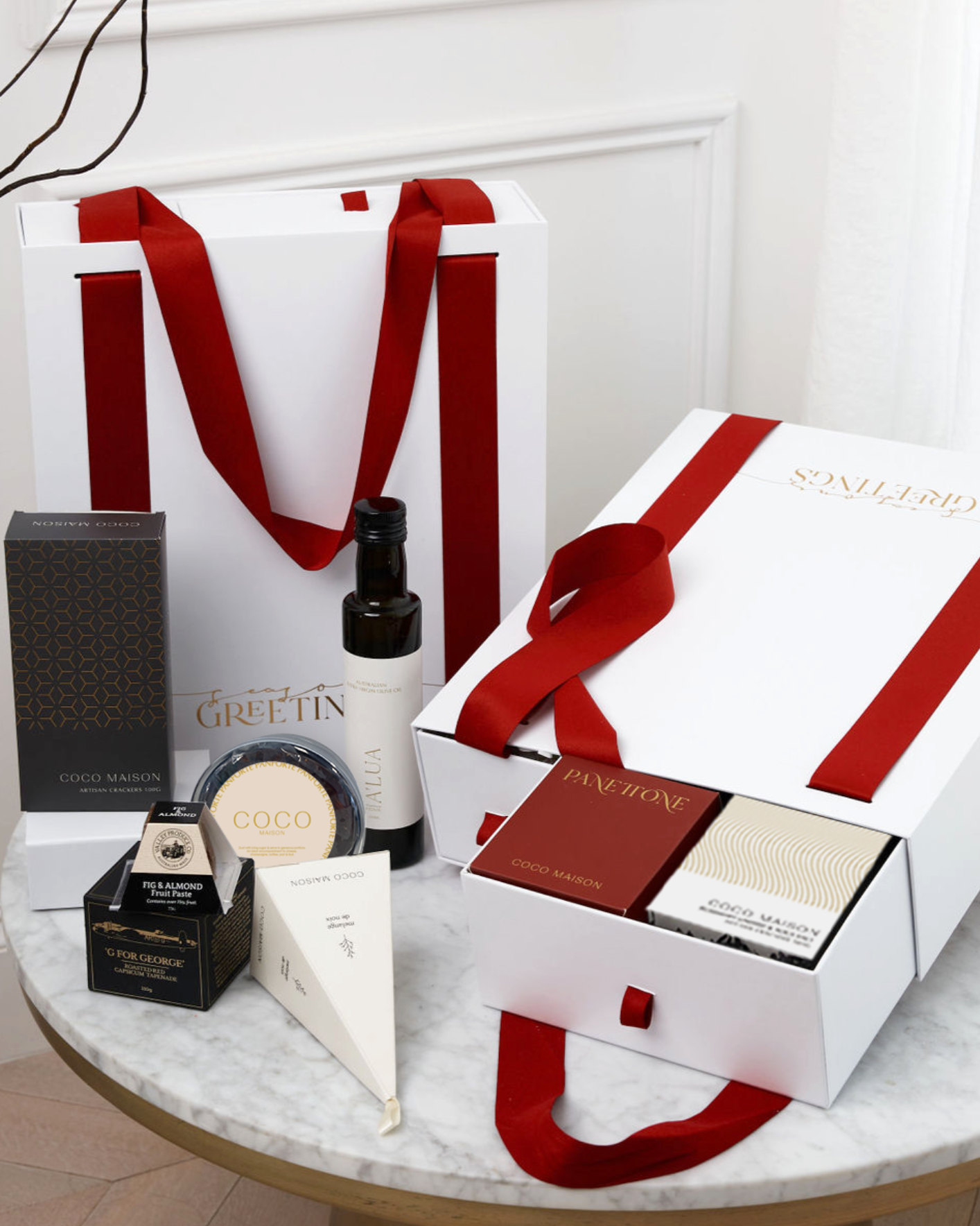 Parcelle | Christmas Day Carryall hamper with Panettone, savoury crackers, olive oil, cashews & festive treats in a luxury drawer-style gift box with ribbon handles