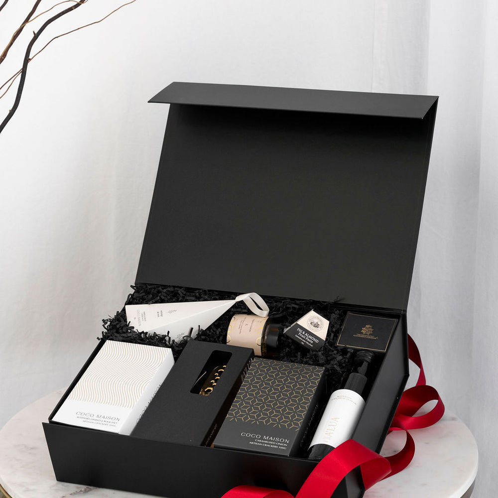 Parcelle | A Christmas Indulgence hamper with olive oil, gold cheese knives, crackers, dukkah & savoury treats in Parcelle Signature XL Gift Box for corporate Christmas gifting