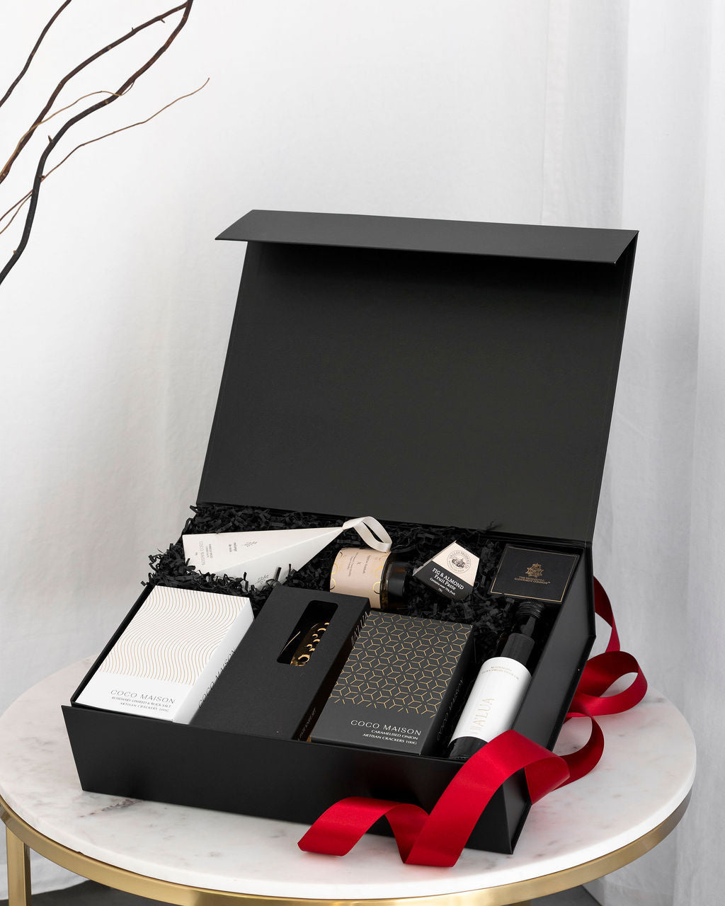 Parcelle | A Christmas Indulgence hamper with olive oil, gold cheese knives, crackers, dukkah & savoury treats in Parcelle Signature XL Gift Box for corporate Christmas gifting