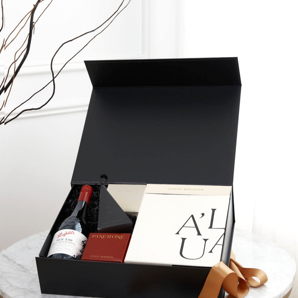 Parcelle | Corporate Penfolds Christmas Hamper with Bin 138 Shiraz GSM, fluted wine glasses, Biscoff Chocolate and artisan chocolates in Parcelle XL Gift Box with custom branding and ribbon.