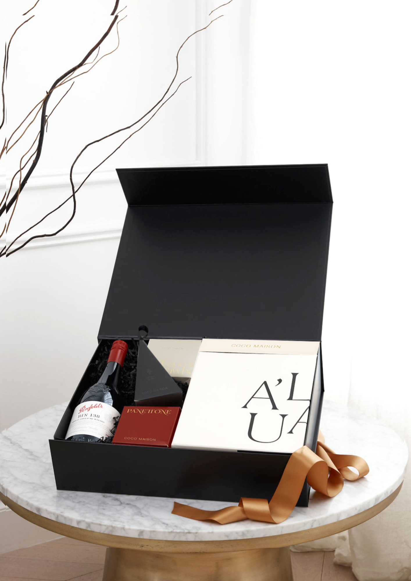 Parcelle | Corporate Penfolds Christmas Hamper with Bin 138 Shiraz GSM, fluted wine glasses, Biscoff Chocolate and artisan chocolates in Parcelle XL Gift Box with custom branding and ribbon.