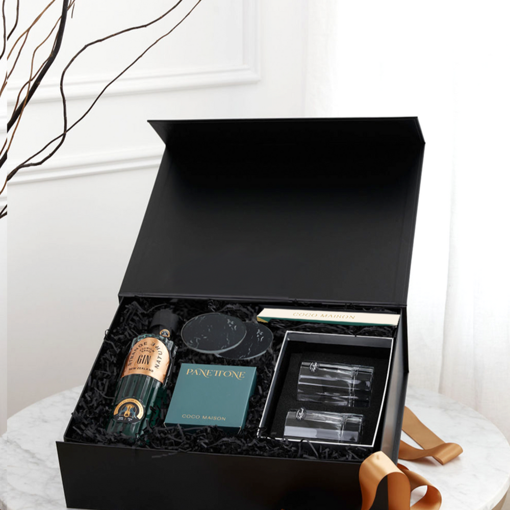 Parcelle | Corporate Christmas Gin Hamper with Strange Nature Gin, Pistachio Knafeh Chocolate, Panettone, tumblers and coasters in Parcelle XL Gift Box with branding