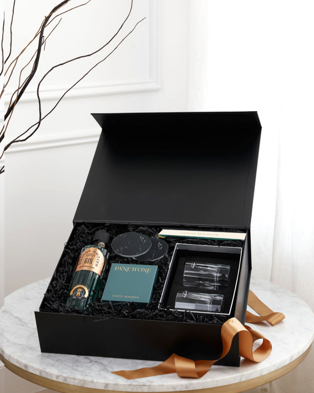 Parcelle | Corporate Christmas Gin Hamper with Strange Nature Gin, Pistachio Knafeh Chocolate, Panettone, tumblers and coasters in Parcelle XL Gift Box with branding