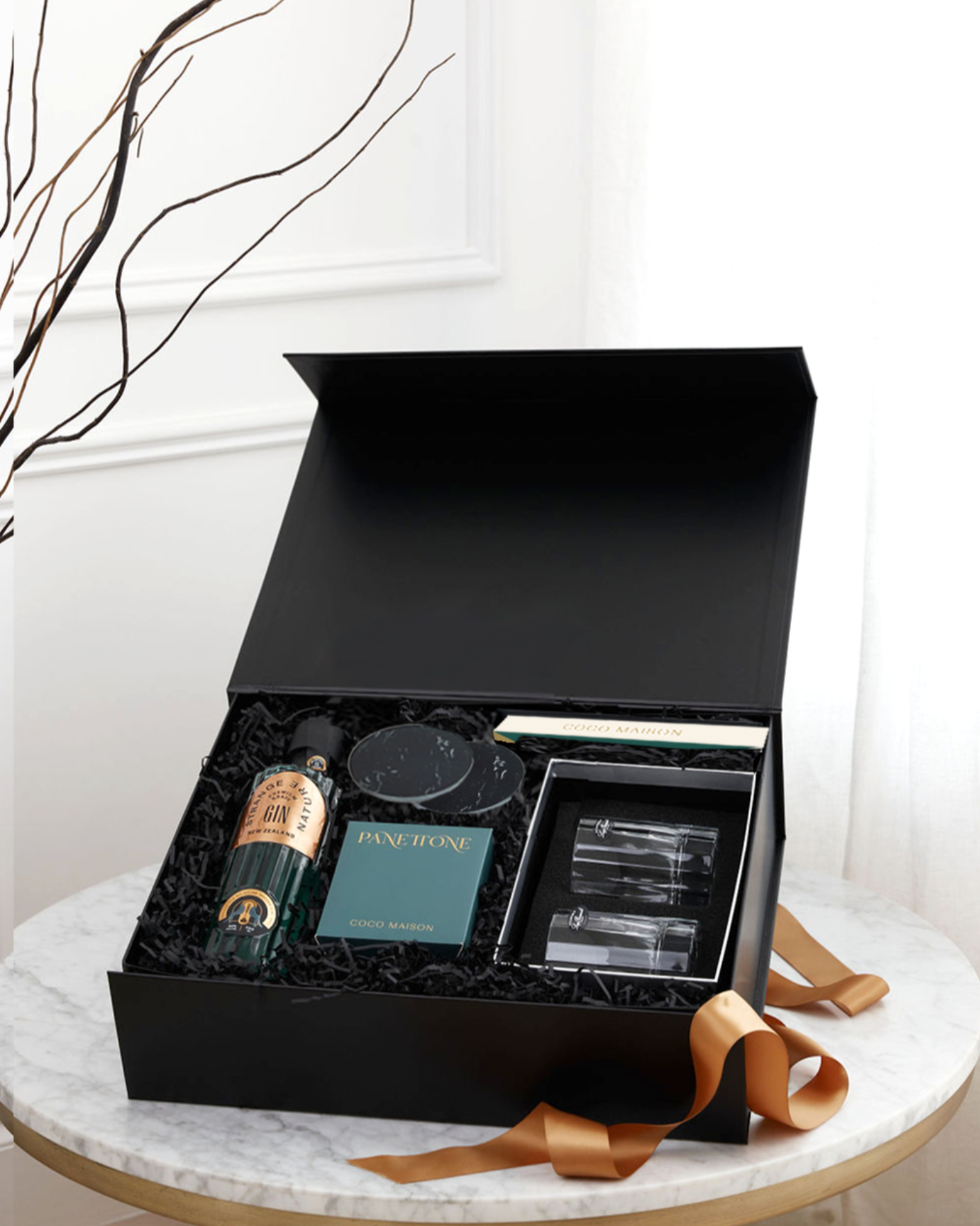 Parcelle | Corporate Christmas Gin Hamper with Strange Nature Gin, Pistachio Knafeh Chocolate, Panettone, tumblers and coasters in Parcelle XL Gift Box with branding