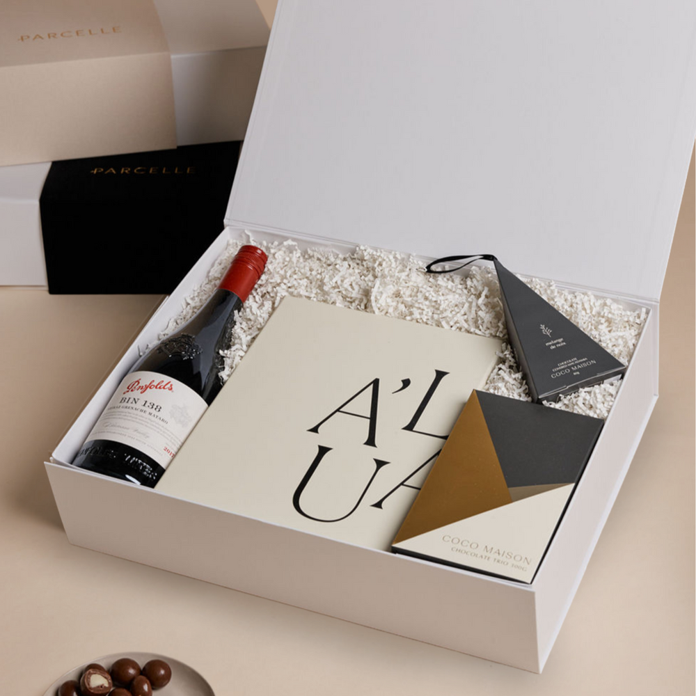 Parcelle | Corporate Penfolds Christmas Hamper with Bin 138 Shiraz, fluted wine glasses, chocolates, and macadamias in Parcelle XL Gift Box with custom logo branding and ribbon