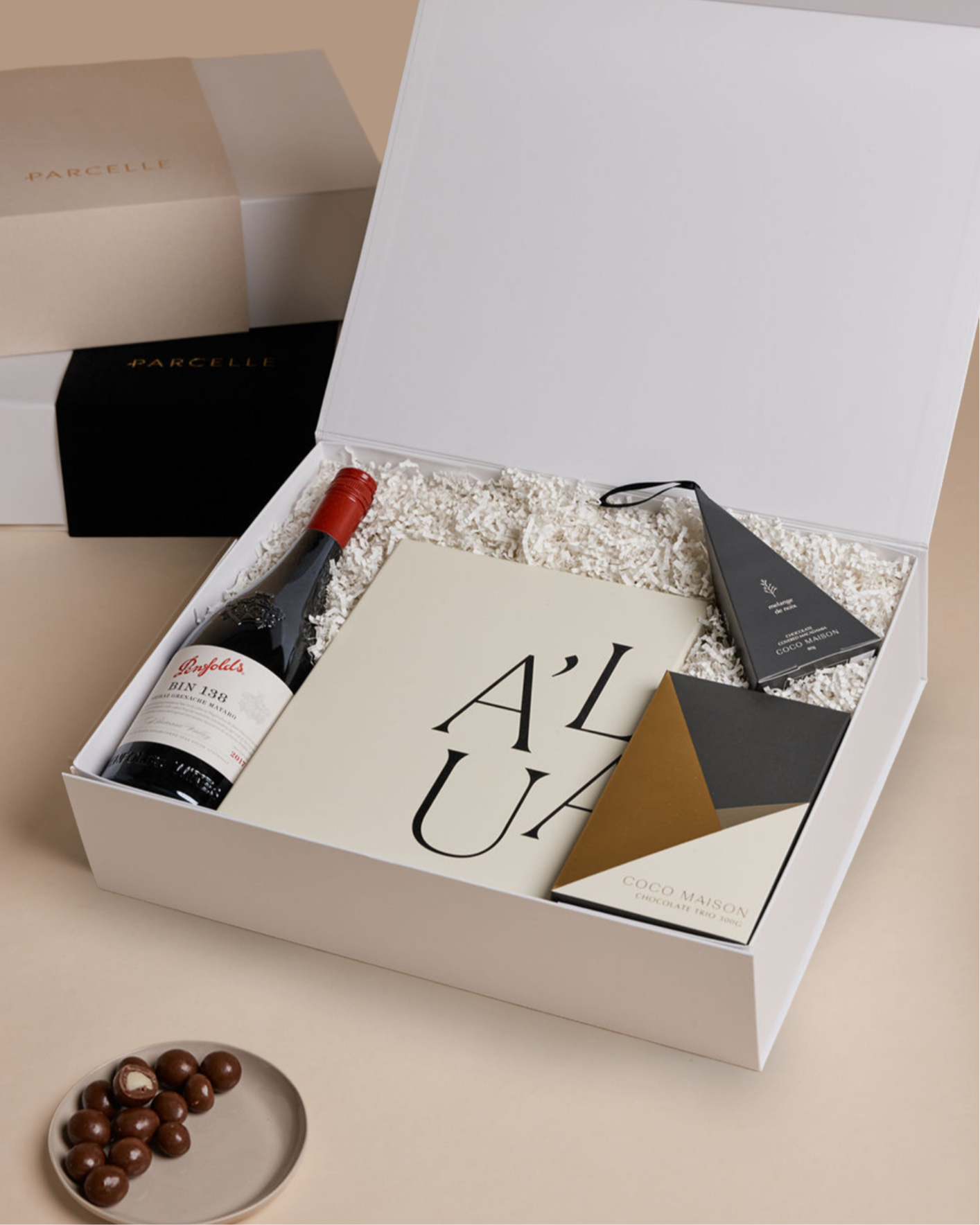 Parcelle | Corporate Penfolds Christmas Hamper with Bin 138 Shiraz, fluted wine glasses, chocolates, and macadamias in Parcelle XL Gift Box with custom logo branding and ribbon