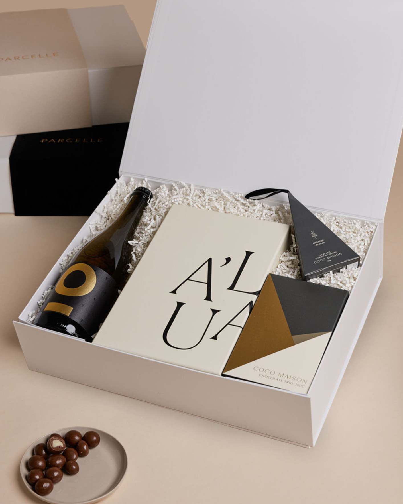Parcelle | Let It Prosecco Christmas Hamper with Posh Plonk Prosecco, Premium Fluted Champagne Glasses, Chocolate Trio, and Chocolate Macadamias, presented in Parcelle XL Gift Box with Australiana or Candy Stripe sleeve, free branding available