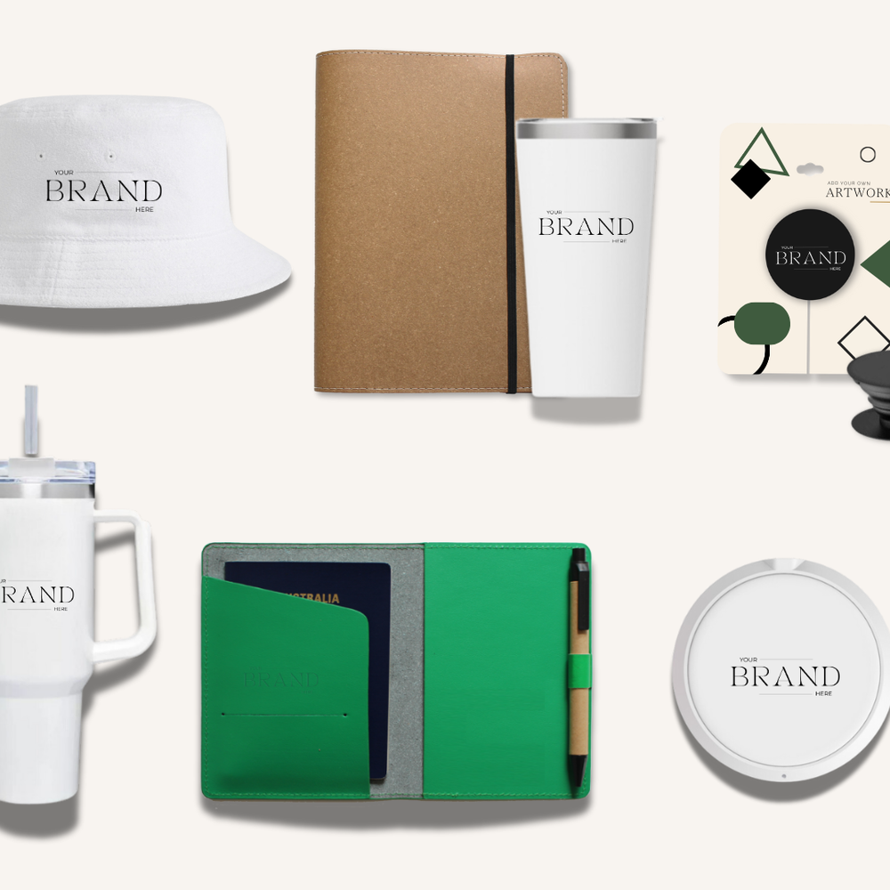 Parcelle | A collage of promotional merchandise showcasing custom branding options, including notebooks, tote bags, water bottles, and pens. Ideal for adding your brand to any Parcelle Christmas gift, perfect for corporate gifting in Australia