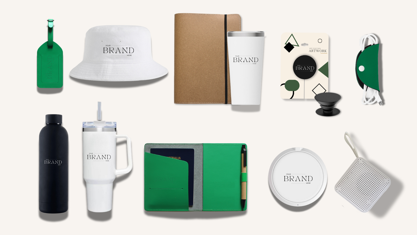 Parcelle | A collage of promotional merchandise showcasing custom branding options, including notebooks, tote bags, water bottles, and pens. Ideal for adding your brand to any Parcelle Christmas gift, perfect for corporate gifting in Australia