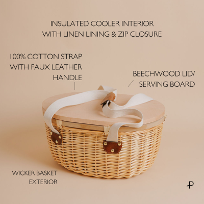 
                      
                        Parcelle | Oval Wicker Picnic Basket | Option to add your logo to the Picnic Basket Lid with insulated cooler interior
                      
                    