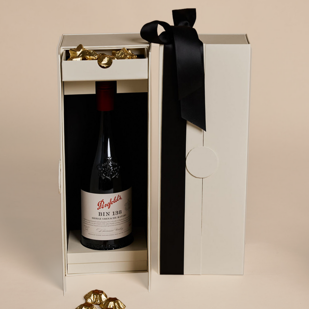 Parcelle | Parcelle Penfolds Christmas Cellar gift box featuring Penfolds Bin 138 Shiraz and Belgian gold star chocolates in a signature double-door cellar box.