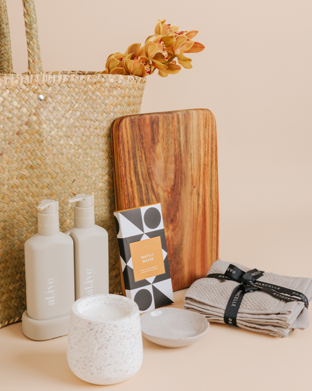 Parcelle ~ The Housewarming Market Tote Gift Includes al.ive Kitchen Duo Set, Terrazzo Candle, Optional Branded Wooden Board and Koko Black Chocolate & Angove Face Washer set
