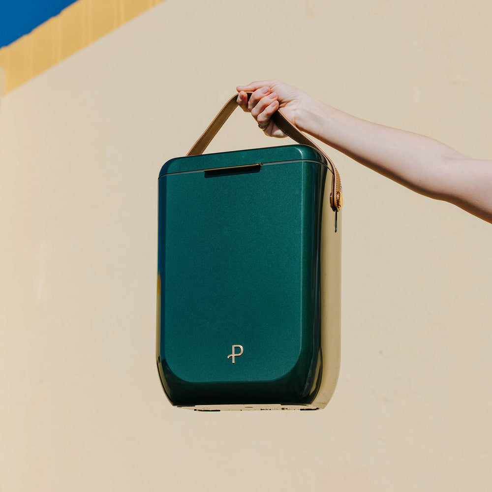 Parcelle | Close-up of Racing Green Kewlr with soft PU leather shoulder strap and gold hardware, designed for luxury gifting and picnics