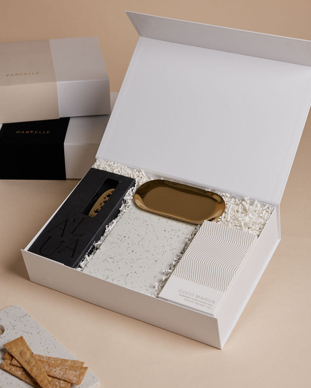 Parcelle | The Terrazzo settlement gift with terrazzo stone serving board, artisan crackers, cheese knife set, and gold trinket dish — luxury housewarming hamper Sydney