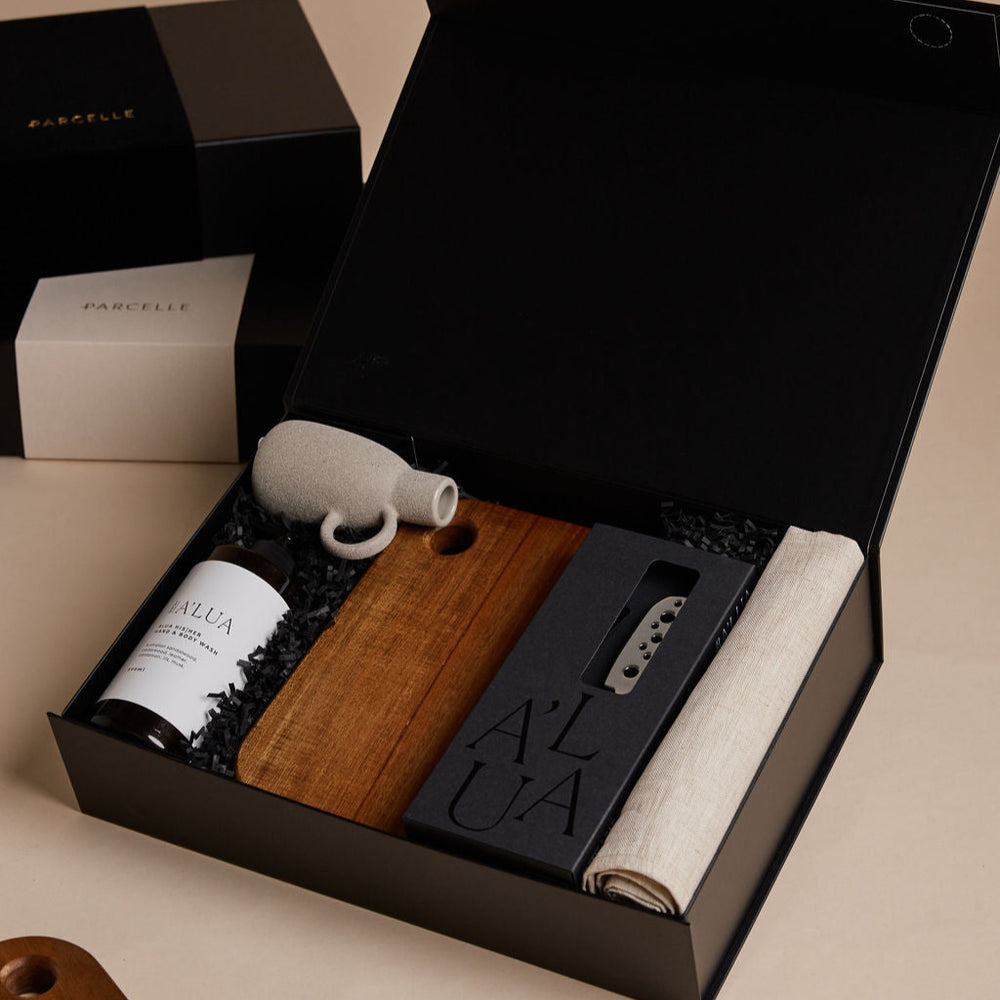 Parcelle | The Quinta luxury new home gift with hand & body wash, linen hand towel, cheese knife set, ceramic vase, and wooden board — property settlement hamper Sydney