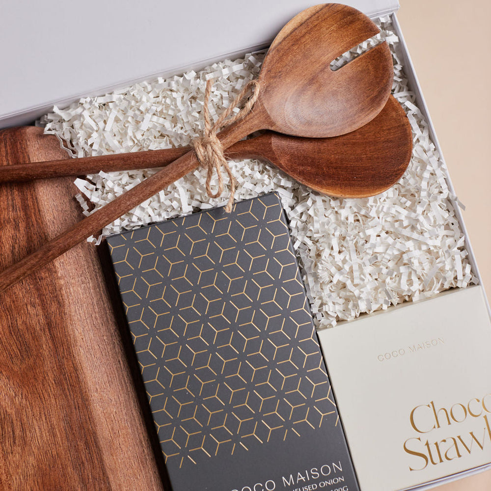 
                      
                        Parcelle | The Habitat settlement gift box with wooden board, artisan crackers, salad servers, and chocolate-dipped strawberries — luxury housewarming hamper Sydney
                      
                    