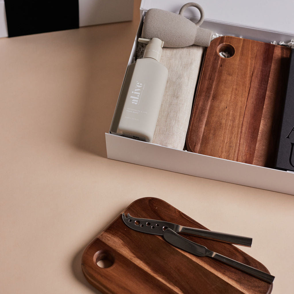 Parcelle | The Villa luxury housewarming gift with hand wash, linen towel, cheese knife set, wooden board, and ceramic vase in Parcelle gift box — perfect settlement gift Sydney