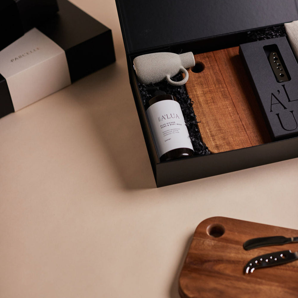 Parcelle | The Quinta luxury new home gift with hand & body wash, linen hand towel, cheese knife set, ceramic vase, and wooden board — property settlement hamper Sydney