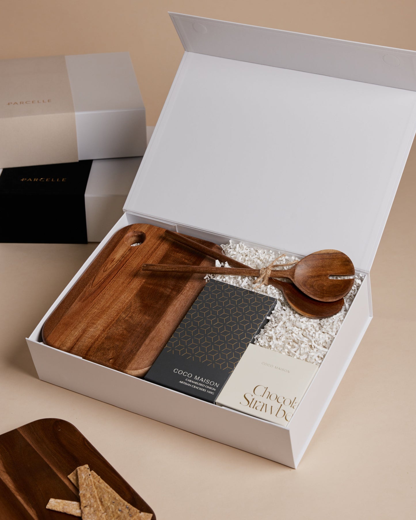 Parcelle | The Habitat settlement gift box with wooden board, artisan crackers, salad servers, and chocolate-dipped strawberries — luxury housewarming hamper Sydney